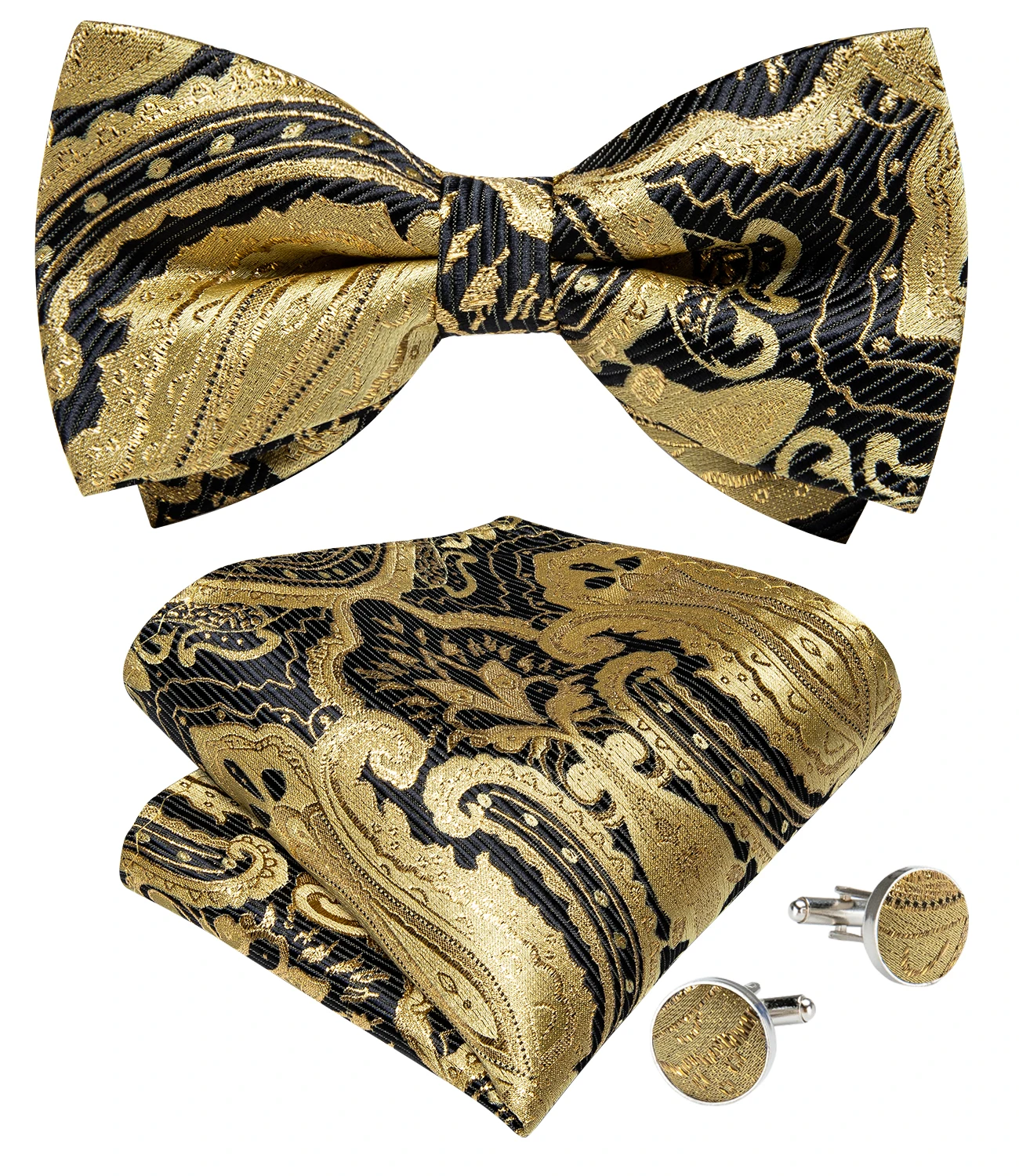 Men's Silk Bow Tie 3 PCS Set Silk Black Gold Floral Pre-tied Bow Tie Cufflinks Pocket Square Set for Wedding Party Man Cravate