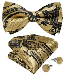 Men's Bow Tie 3 PCS SeBlack Gold Floral Pre-tied Bow Tie Cufflinks Pocket Square Set for Wedding Party Man Cravate