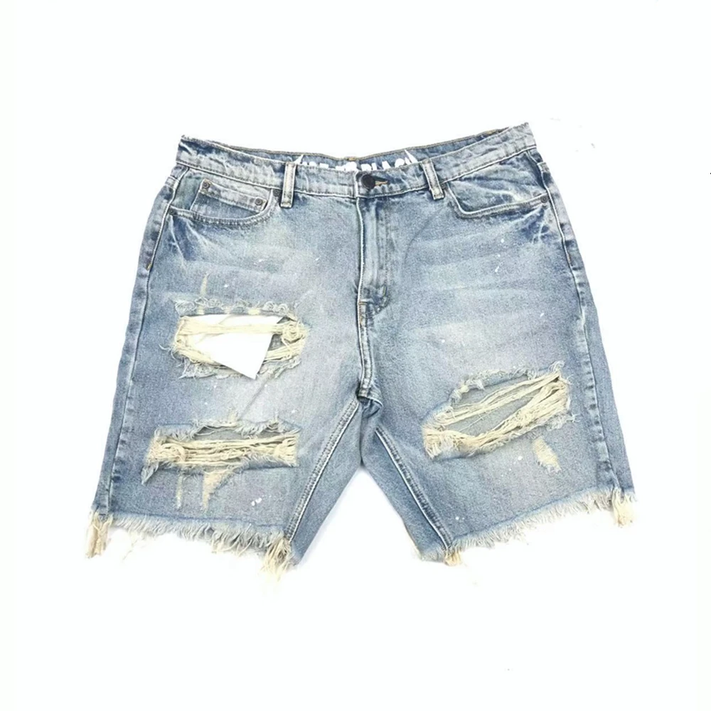 Spray Paint Washed Blue Denim Shorts Hip Hop Skateboarder Ripped Jeans Summer Streetwear