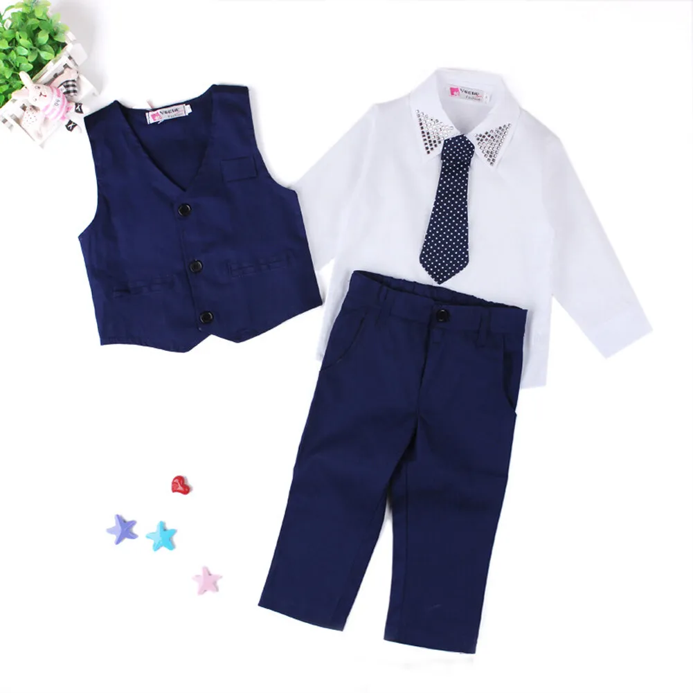 LOLANTA 4PCs Kids Baby Boys Shirt Wedding Party Suit Navy Blue Gentlemen Tuxedo Formal Gentleman Dress Dot Tie Outfits 2-7 Years