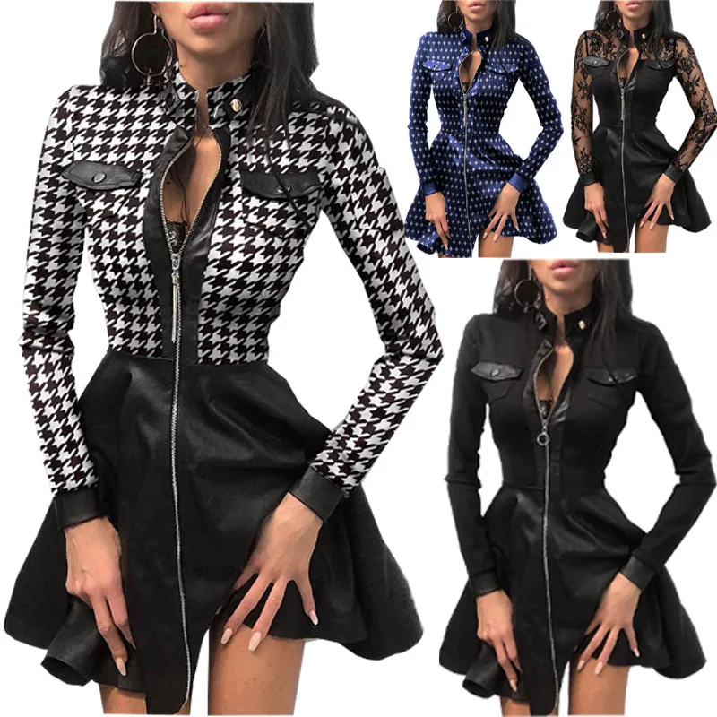 Autumn Winter New Fashion PU Leather And Receiving Waist Sexy Hollow Sleeve Dress Women Vintage Plaid Zippers Slim Mini Dress