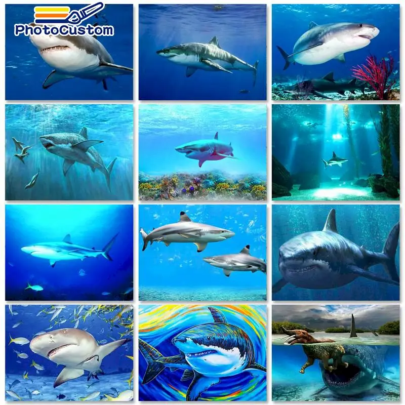 PhotoCustom 40x50cm Oil Paint By Numbers Shark Acrylic Paint For Painting By Numbers On Canvas Animals Home Decor Wall Art