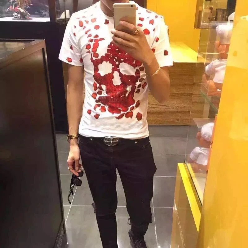 

Mens Fashion Skull Diamonds Cotton T-shirt Summer Short Sleeve Slim Fit Unisex Tees Tops High Quality Harajuku Casual T-shirts