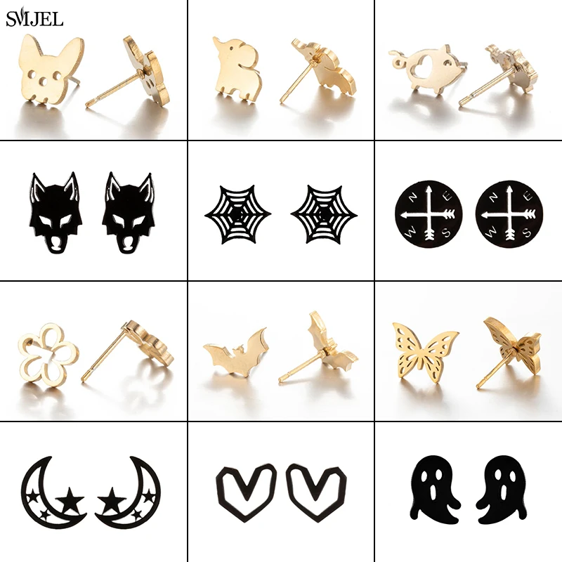 Cute Animal Stainless Steel Bat Stud Earrings For Women Men Punk Funny Halloween Heart Ghost Shark Spiderweb Wolf Earring Gift