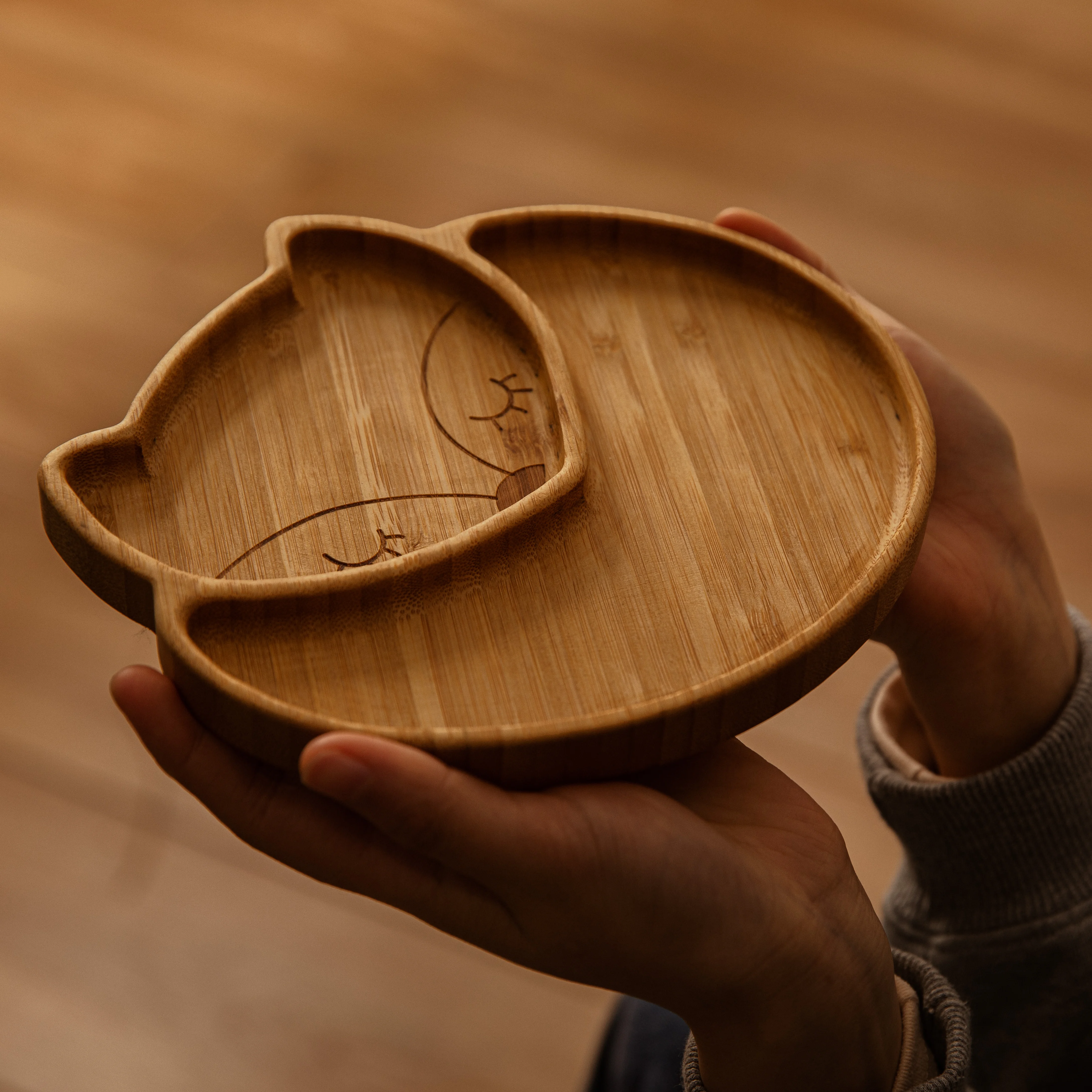 Custom Baby Bamboo Feeding Bowl Spoon Fork Fox Pattern Food Tableware Kids Wooden Training Plate Silicone Suction Cup Removable