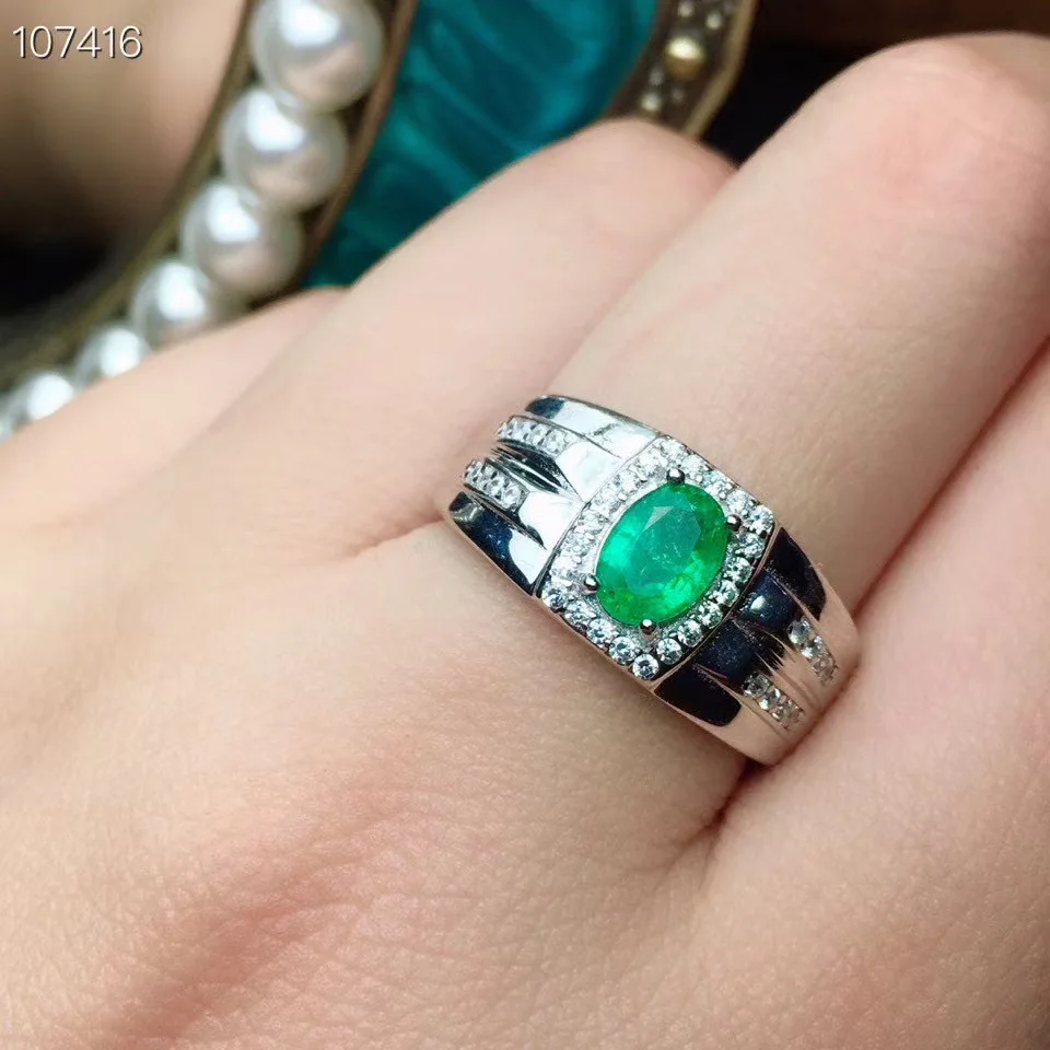 Men Ring Natural and Real emerald ring Man Ring Free shipping 925 sterling silver 5*7mm gemstone Fine jewelry