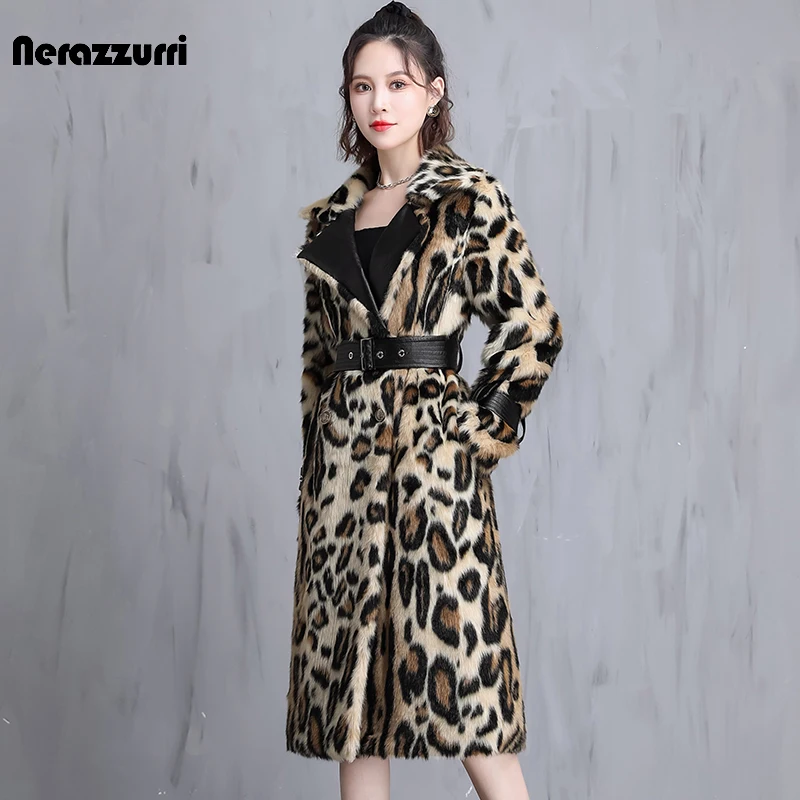 Nerazzurri Winter Long Leopard Print Warm Fluffy Faux Fur Coat Women with Leather Belt Runway Luxury Europen Style Fashion 2021