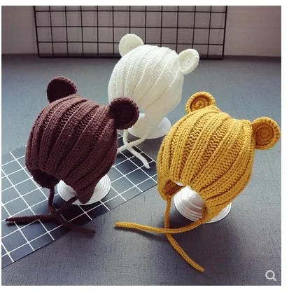 0-3years Baby Hat Autumn Winter Cute Baby Girls Baby Boys Hat Bear Ear Ear Protection Warm Knitted Beanies KF428