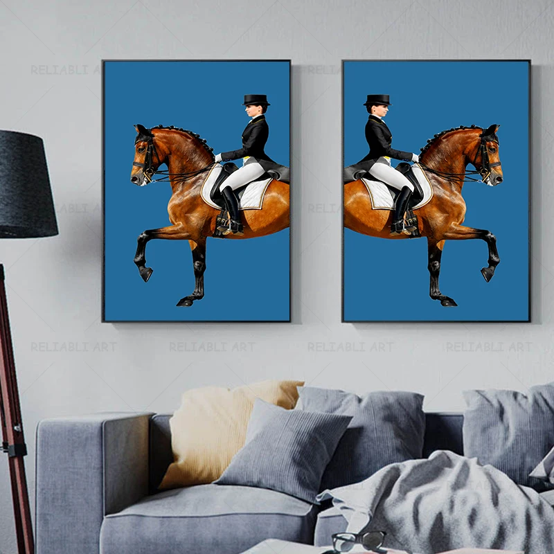 Abstract Classic Horse Orange Horse Racing Canvas Painting Wall Art Riding Woman Wall Pictures for Living Room Home Decoration