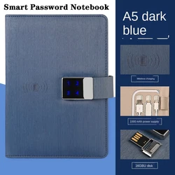 Couro Password Lock Journal, Notebook inteligente, carregamento sem fio com U Disk, toque inteligente de bloqueio da senha, Note Book Diário