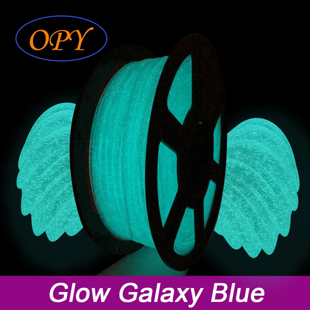 OPY-filamento de impresora 3D que brilla en la oscuridad, plástico luminoso PLA, 1KG, 10M, 1,75G, 3d para impresión, verde, morado y azul, 100mm