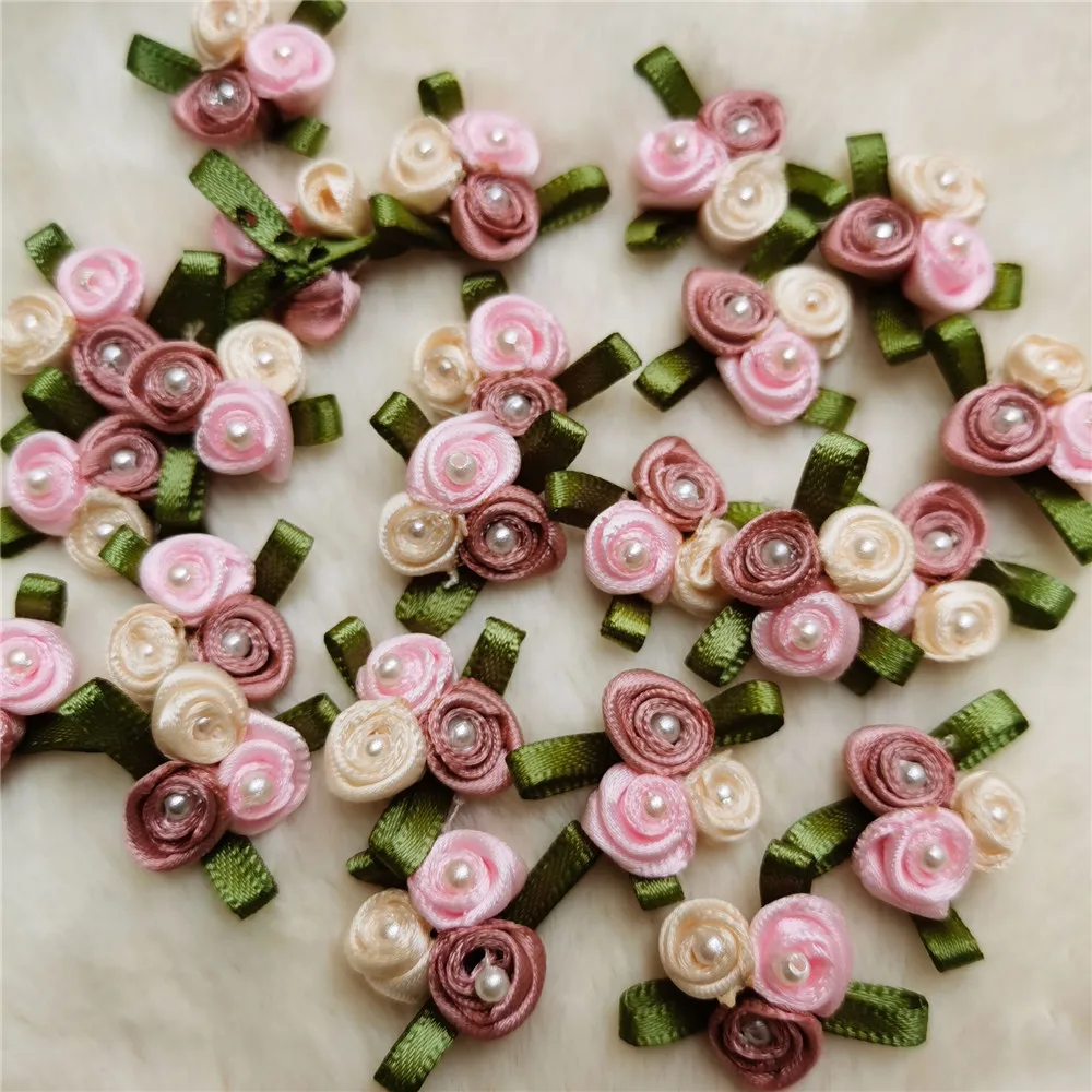 Mini Artificial Color Flowers Pearl Make Satin Ribbon Roses Appliques Handmade Crafts For Wedding Party Decoration Accessories