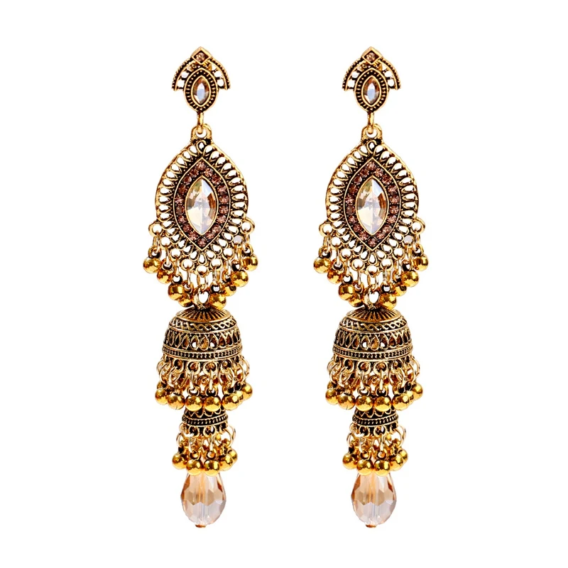 Retro Women\'s Big Gold Color Bohemian Jhumka Earrings Indian Jewelry Water Drop Shape Palace Bells Beads Stud Earrings Orecchini
