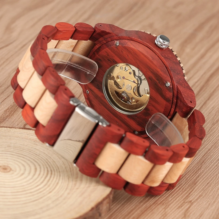 Vintage Red Wood Watch Mens Automatic Mechanical Wristwatches Wooden Band Watch Simple Round Dial Luxury Watch Relogio Masculino