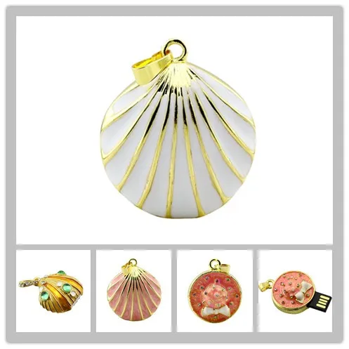 Necklace Jewelry USB Flash Drive Cameo Shell USB Flash Crystal Pen Drive Disk Memory Sticks 4GB 8GB 16G 32GB Pen Drive USB Drive