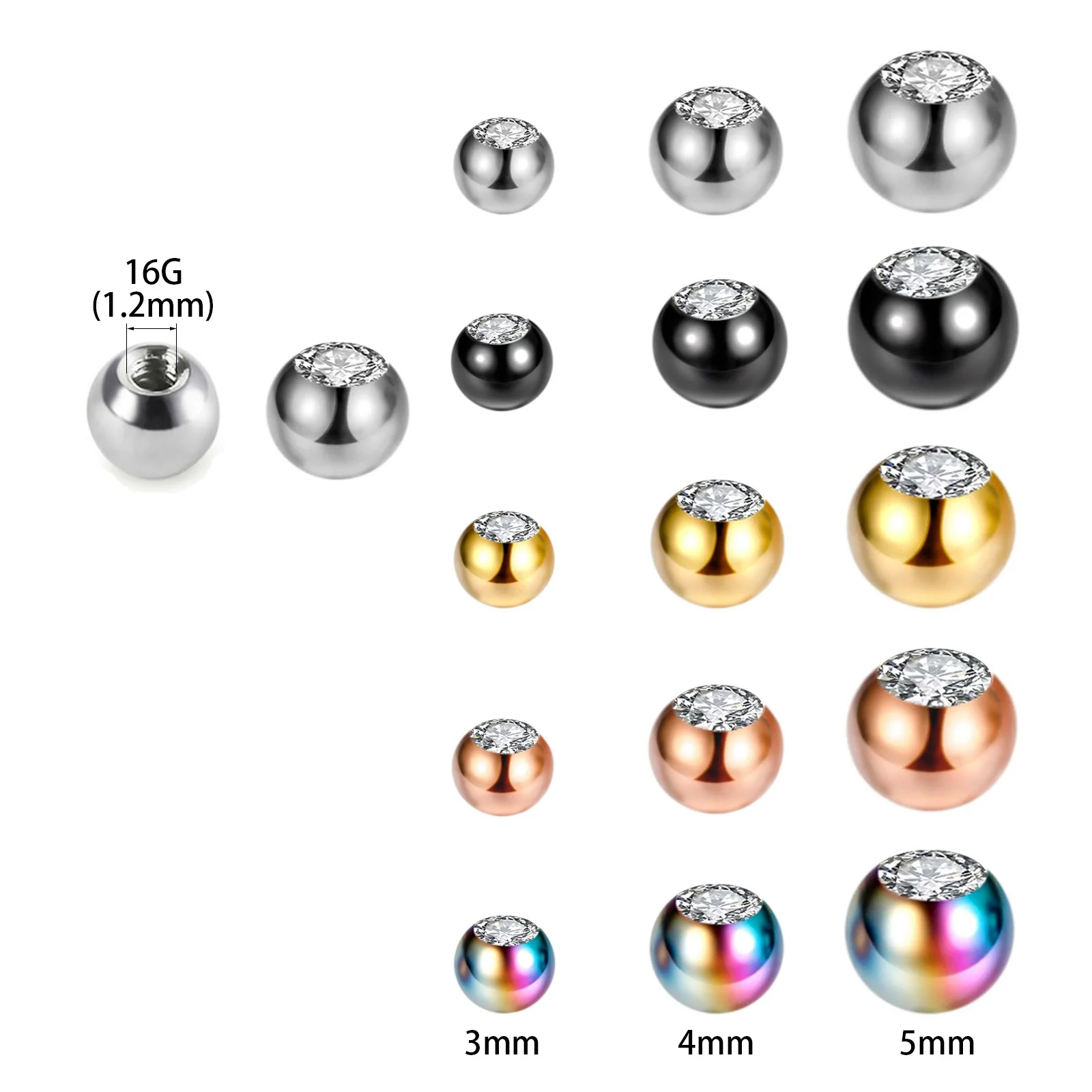 10pcs Replacement Spare BALLS with CZ GEM Labret Barbell Bar Piercing Attachments 16g(1.2mm)  DIY Stainless Steel Body Jewelry