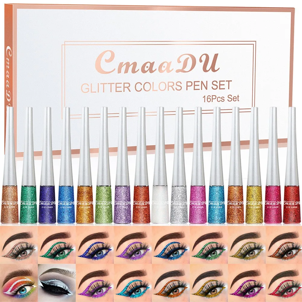 

16 pcs Liquid Eyeliner Set Sequin Makeup Eyeliner Eye Makeup Waterproof Quick Drying No Smudging Eyes Cosmetics