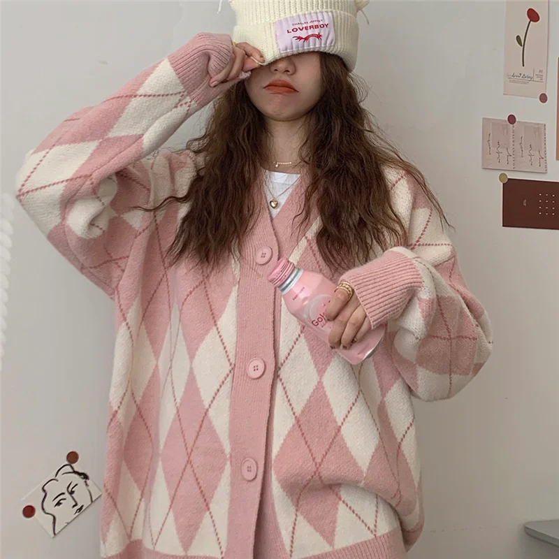 Cardigan Women Knitted Sweater Argyle Loose Sweater Single Breasted Student Lovely Knitwear Korean Oversize Cardigan Winter Tops