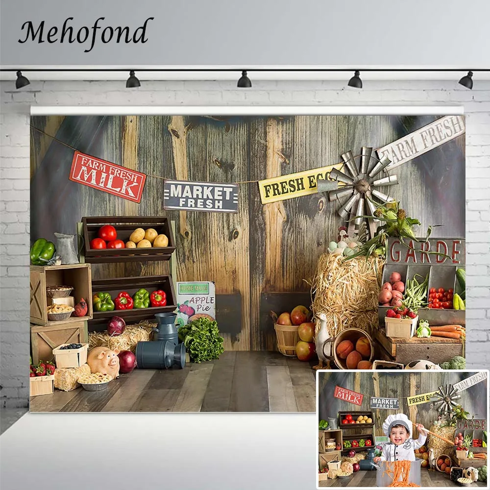 Mehofond Farm Market Photography Background Fresh Vegetables Fruit Wooden Wall Baby Portrait Decor Backdrop For Photo Studio