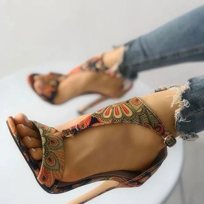 QPLYXCO 2020 Women Sandals 10.5cm High Heels Summer Printing color Peep Toe Sexy Party Shoes Sandalia Feminina size 43 374