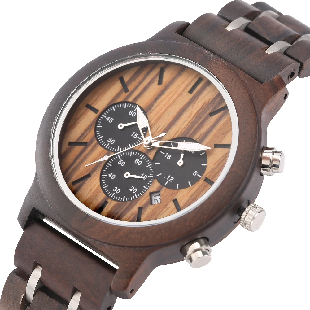 Chronograph Dial Quartz Men Watches Ebony Wood Stainless Steel Bracelet Male Wristwatch Business Auto-date Male Wooden Timepiece