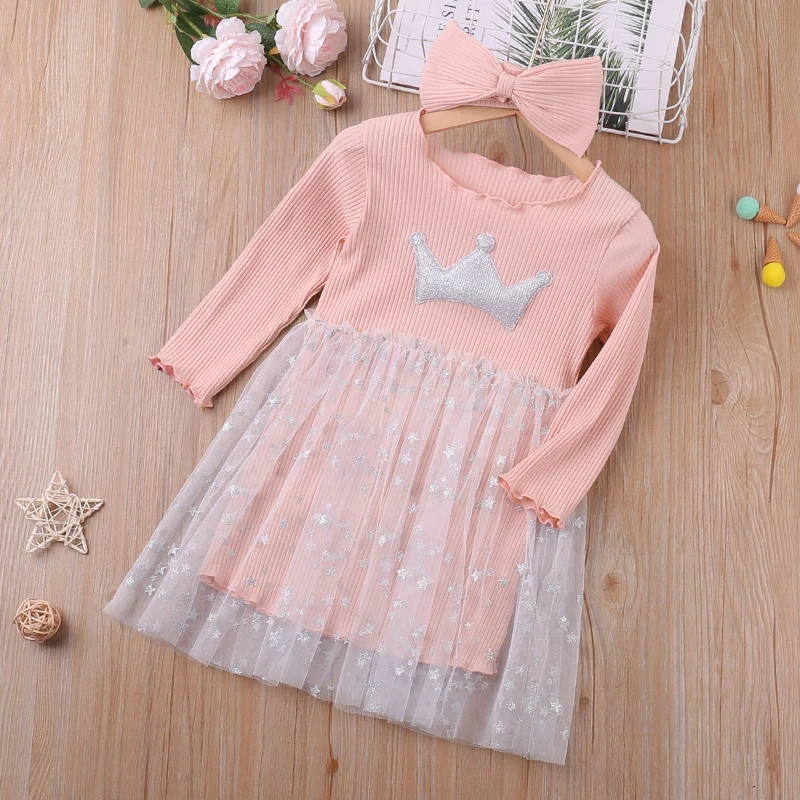 

2022 Spring Stitching Mesh Princess Dress Baby Girl Clothes Long Sleeve Birthday Party Dress For 0-3 Years