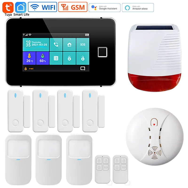 Tuya-Smart Home Security Alarm System, Wi-Fi, Touch Screen, Impressão digital, Sem fio, Sirene Solar, Sensor de porta, 4,3 \