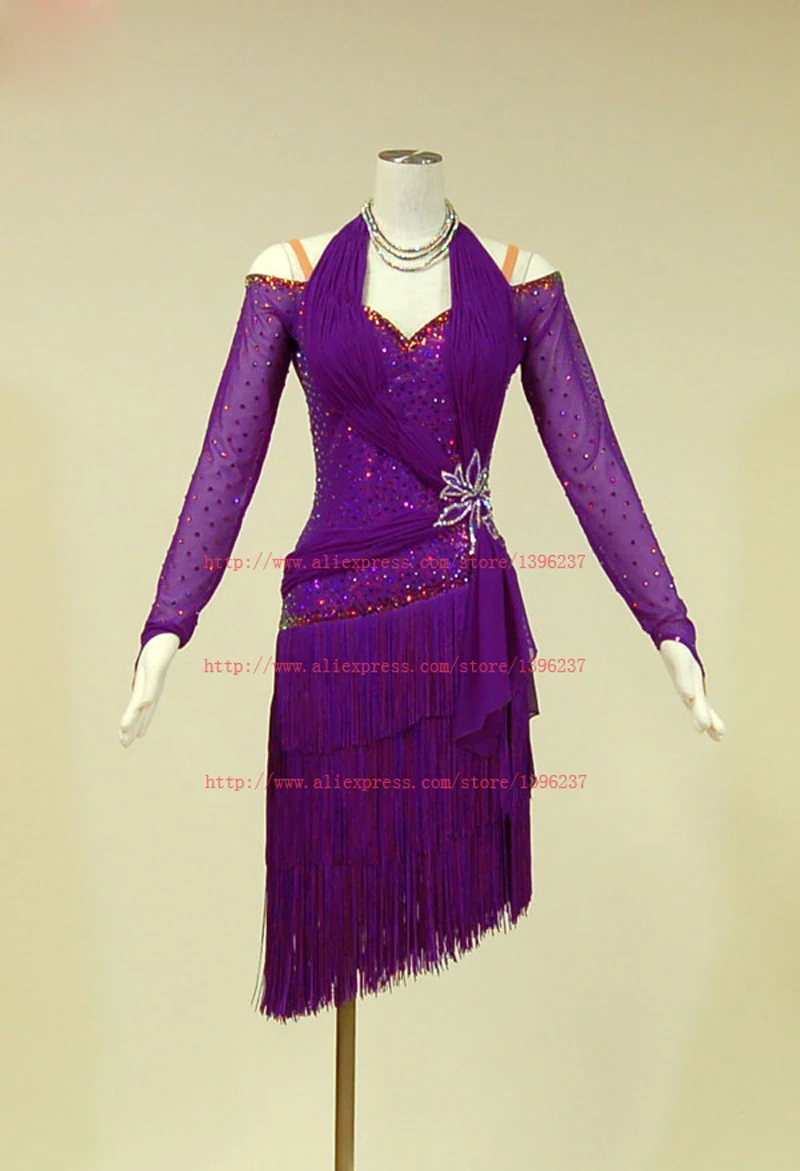 Women Latin Competition Dance Dress Purple V Neck Long Sleeve Tassel Rumba Jive Chacha Samba Latin Dance Dress