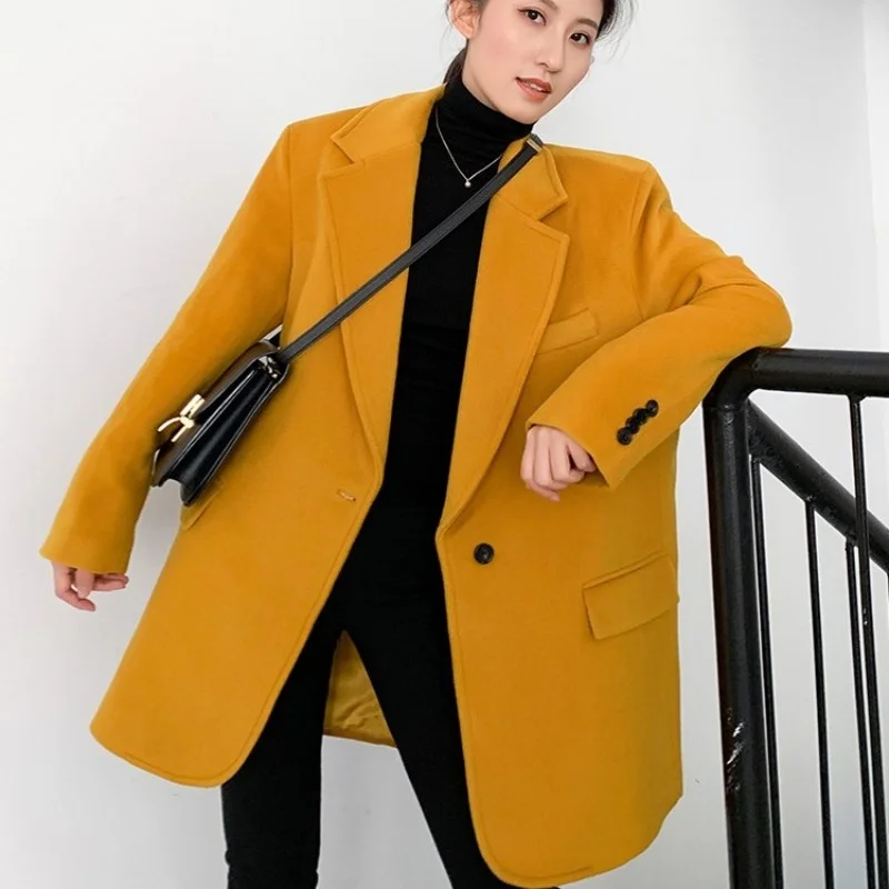 

Women Fashion Loose Fit Woolen Blends Midi Long Coat Office Ladies Suit Jacket Boyfriend Style One Button Autumn Winter Outwear