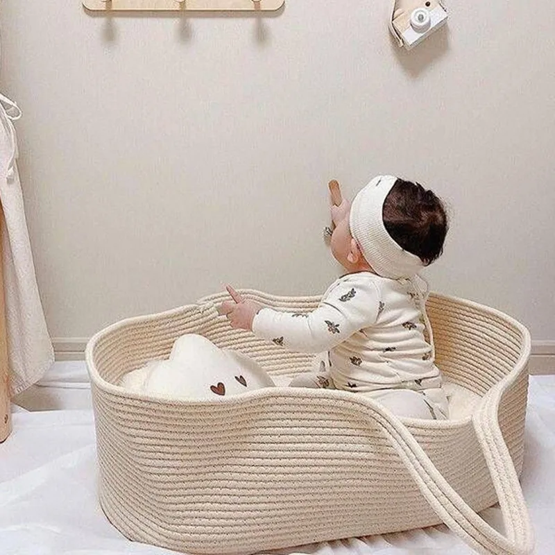 Portable Baby Moses Basket Carrier Cotton Rope Woven Crib Newborn Sleeping Bed Cradle Bassinet Nursery Decoration