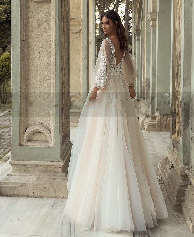 Robes de mariée princesse Boho, appliques en dentelle, dos nu, fête de la mariée sur la plage, peu importe les manches longues bouffantes, nouveau, éducatif, 2024