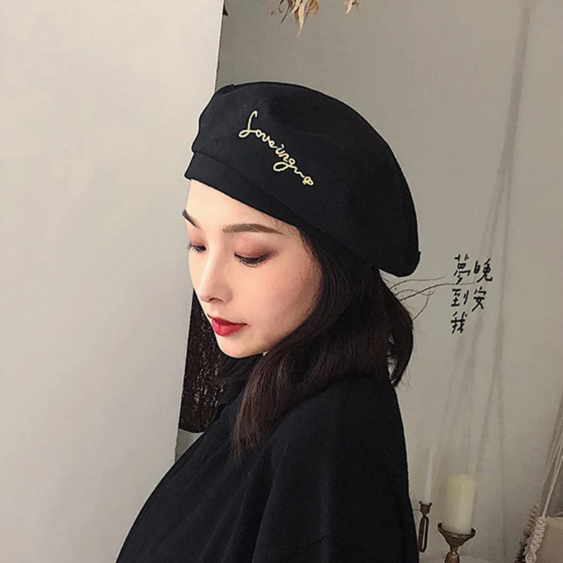 K97 Women Hat Beret Letter Embroidery Four Seasons Japanese British Fashion Retro  Painter Cap Wild Octagonal Hat Casual Hat