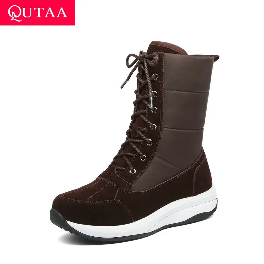 QUTAA 2021 Wedges Keep Warm Women Snow Boots Casual Round Toe Winter Ankle Boots Cow Suede Down Lace Up Women Shoes Size 35-43