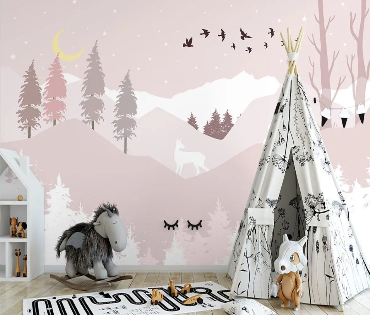 Custom wall paper Nordic hand-painted forest deer cartoon mountain peak children\'s room indoor pink background wall 3d Wallpaper