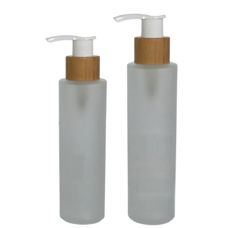 

100ML 120ML 150ML Frost Glass Emulsion Pump Bottle, Bamboo Lotion Pump Bottles Empty Cosmetic Packaging Bottles, 10 Pcs/Lot