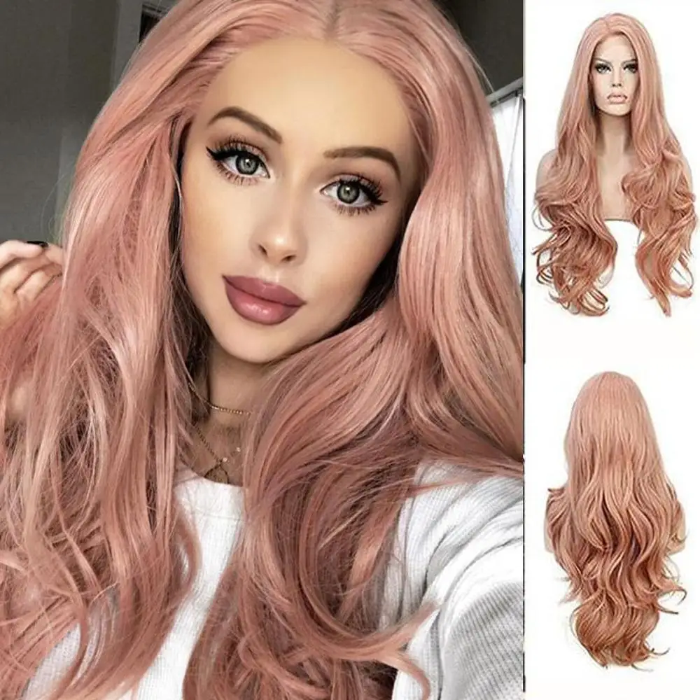 

DLME Pink Body Wave Synthetic Lace Front Wig Glueless Heat Resistant Fiber Hair Natural Hairline For Women Wavy Wigs