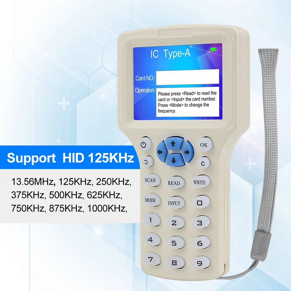 English 10 Frequency RFID Copier Duplicator 125KHz Key fob Smart Card Reader Writer IC/ID 13.56MHz Encrypted Programmer USB LCD