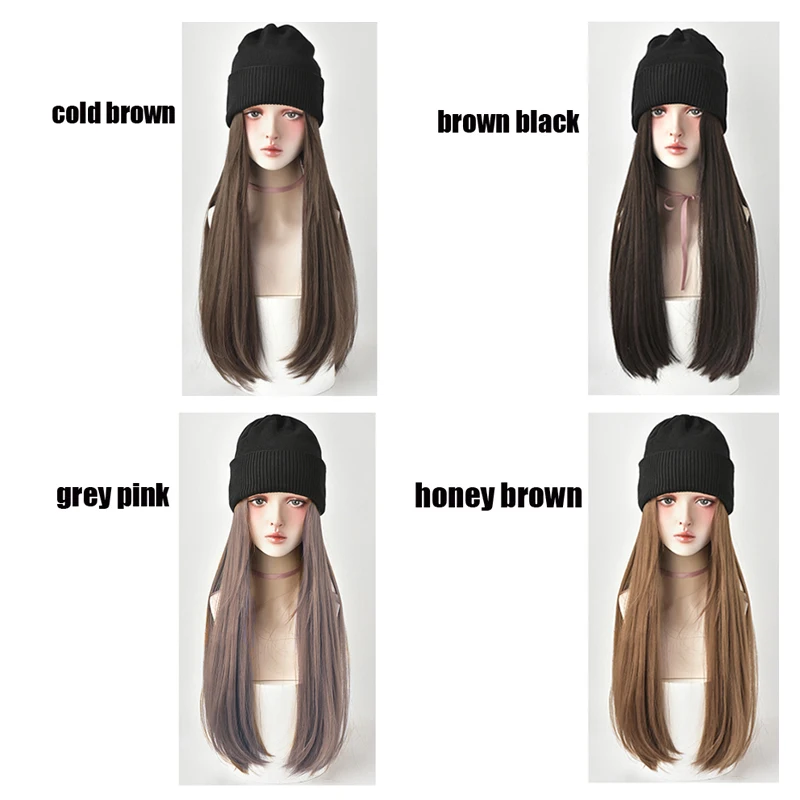 Synthetic Long Straight Wigs With Knitted Hats For Girl Womem Beautiful Warm Beanies Hat Wigs Knitted Autumn Winter Cap Wig