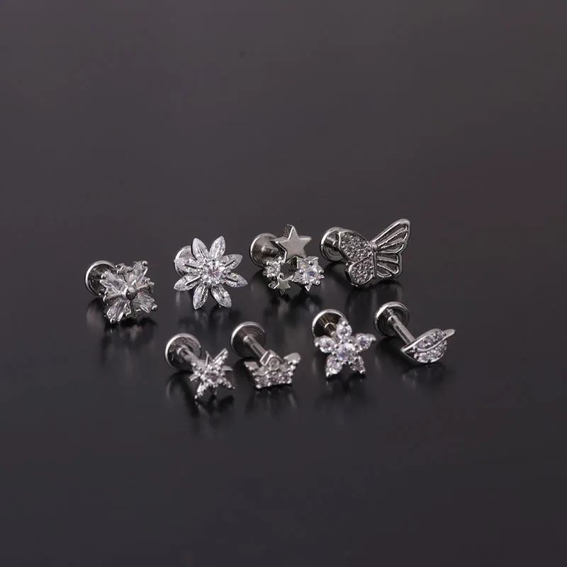 1PC 16G Cz Ear Piercing Cartilage Earrings Flower Star Butterfly Helix Conch Rook Tragus Stud Flat Labret Back Piercing Jewelry