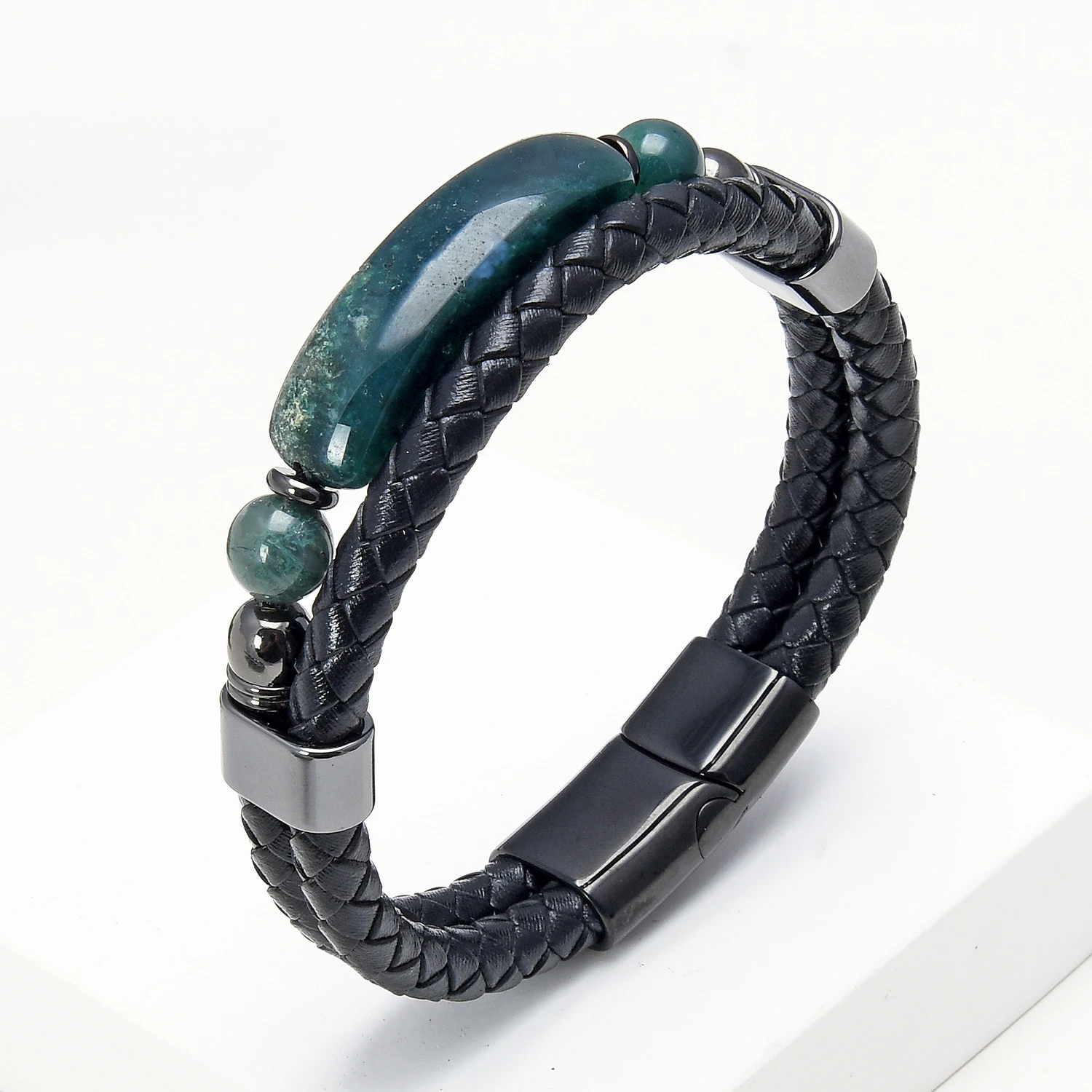 High Quality Natural Stone Man Bracelet Black Leather Rope Chain Men Stainless Steel Clasp Tiger Eyes Bracelets Handmade Jewelry