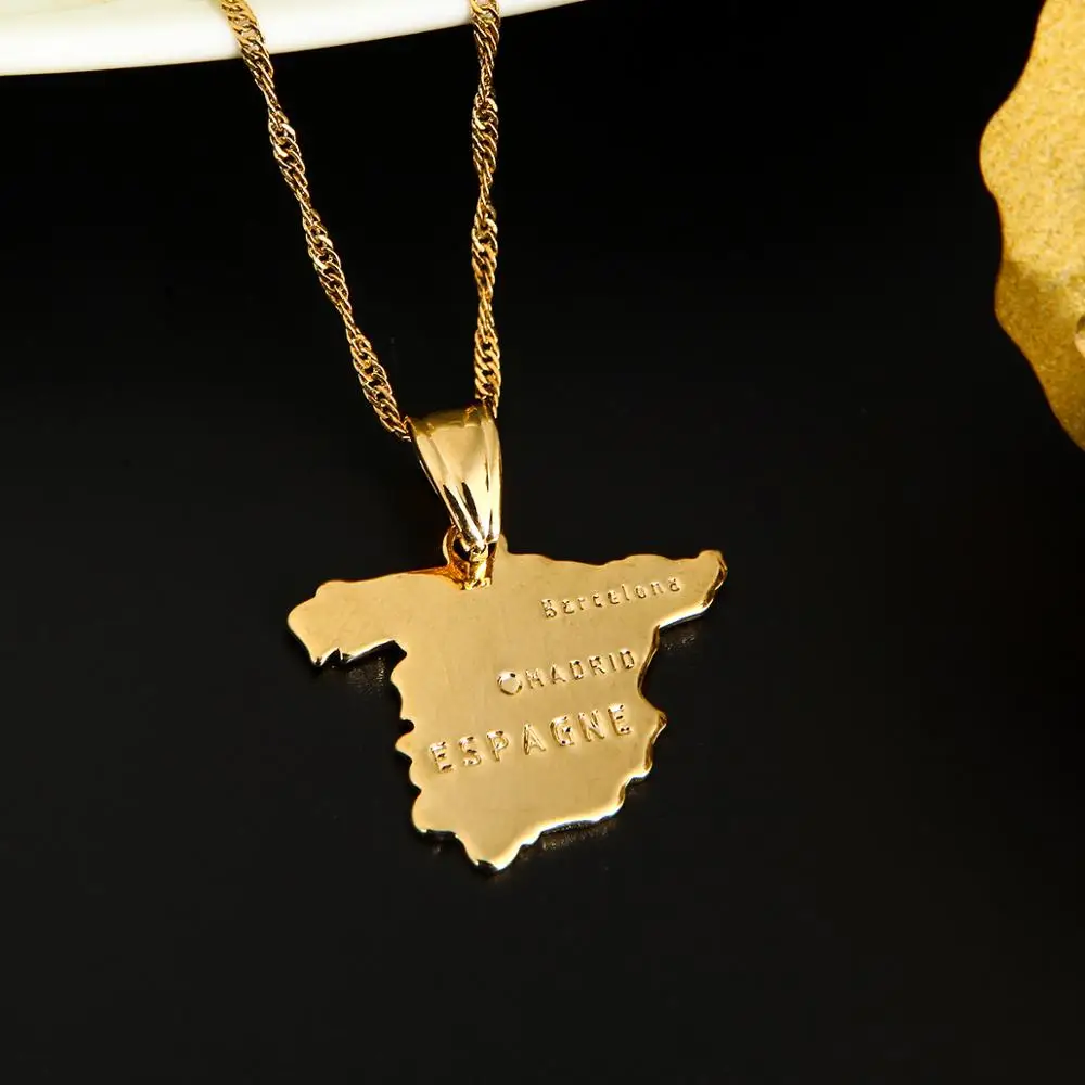 Spain Map Pendant Necklace For Women 24K Gold Color ESPAGNE Country Spanish Map Jewelry