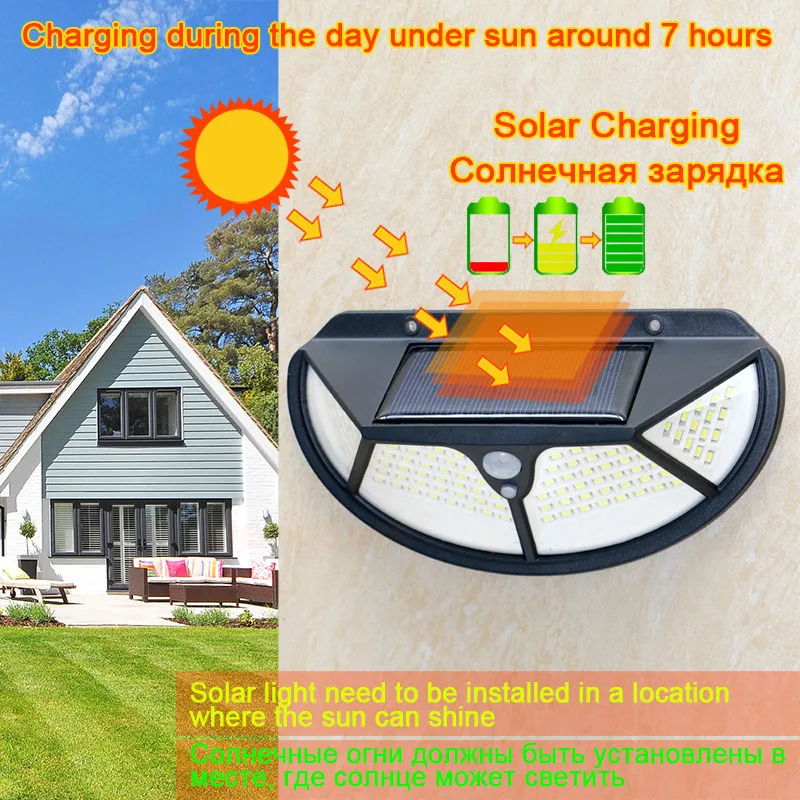 Semicircle 4 sides 102LEDs 3 modes glow motion sensor solar wall light Yard Path Home garden solar energy Induction street lamp