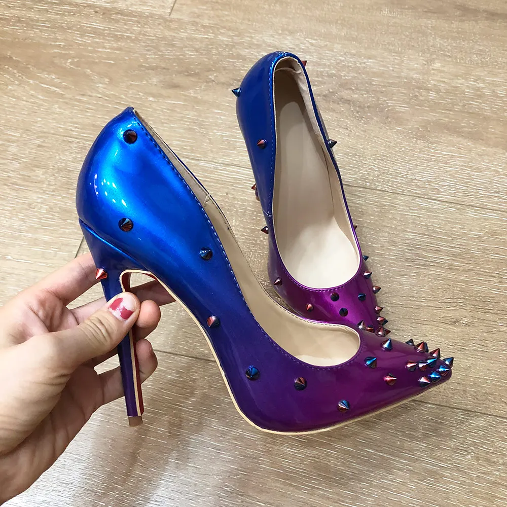 Veowalk Gradient Blue Purple Women Spikes Stilettos High Heels Sexy Pointy Toe High Heels Chic Ladies Rivets Club Party Shoes