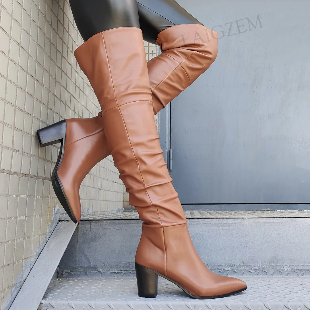 LAIGZEM Women Over Knee Boots Real Leather + Synthetic Pleated 7CM Block Chunky Heels Boots Female Shoes Woman Big Size 36 41 45