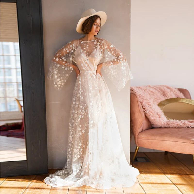 Robe de Mariée en Tulle Étoilé à Paillettes, Tenue Boho à Manches Bouffantes, pour Patients, Dos aux, Sirène en Satin, pour ixde Mariage, 2021