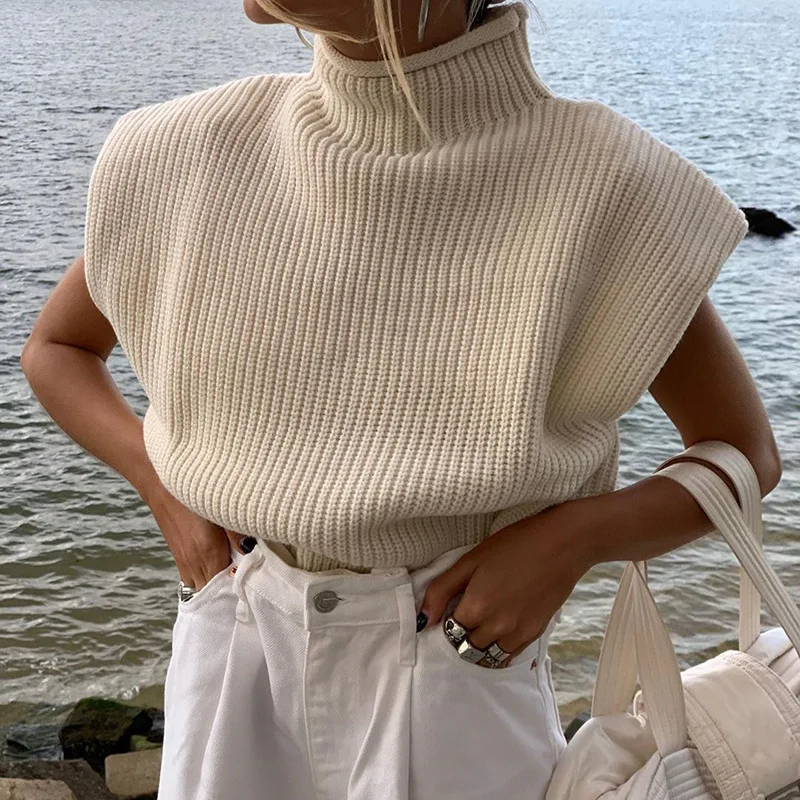 

Turtleneck Sleeveless Vest Sweater Women 2021 With Shoulder Pads Knitted Pullover Autumn Winter Jumper Casual Tops Fashion