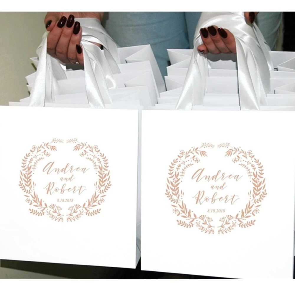 

personalized Rose Gold wedding welcome bags with satin ribbon and your names Elegant Wedding gifts and favors for guests