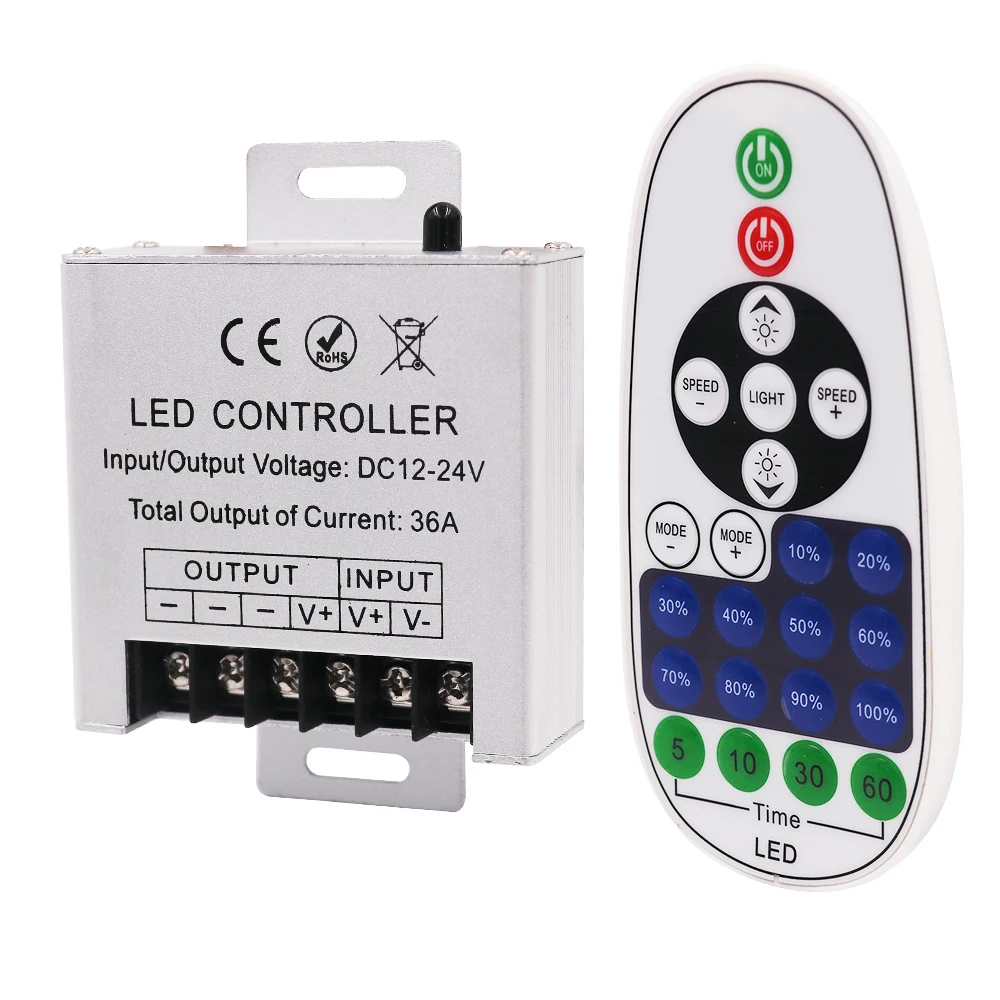 DC 12V 24V LED Light Dimmer Wireless IR 23Keys Remote Controller 36A 360W for Single Color LED Strip Light