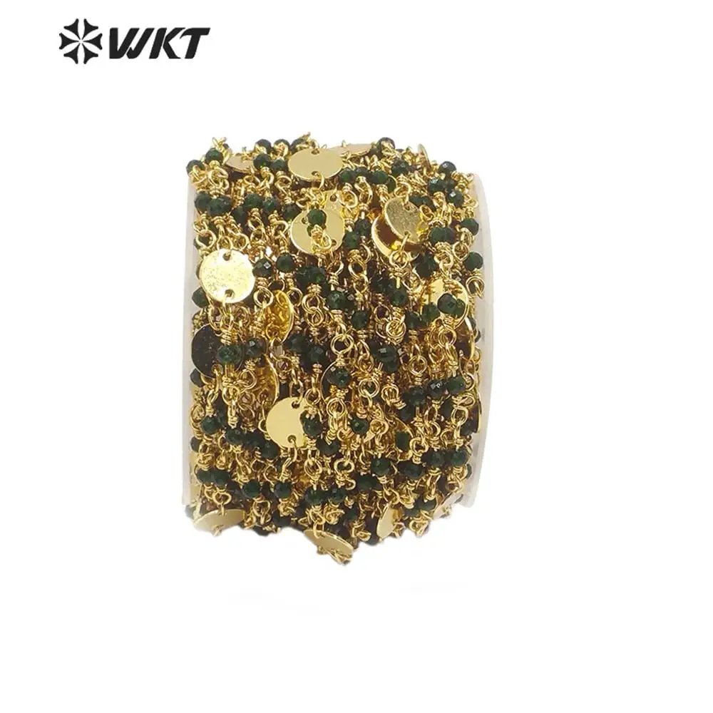 WT-RBC143 amazing green ja de stone beads chain with Gold Electroplated brass chain Rosary Chain 10 meters For Jewelry Making