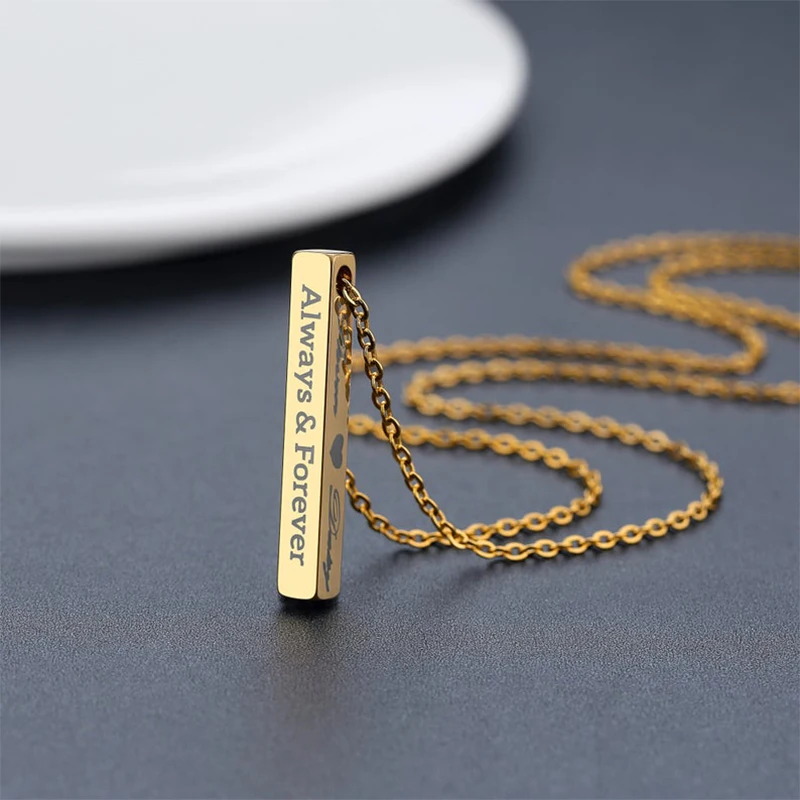 Personalized Vertical Bar Four Sides Engraved Name Necklace Stainless Steel 3D Bar Custom Jewelry DIY Name Pendant For Women/Men